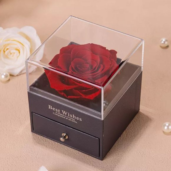 Preserved Rose In a Acrylic Box with Silver Plated April Birthstone Necklace - Picture 7 of 15